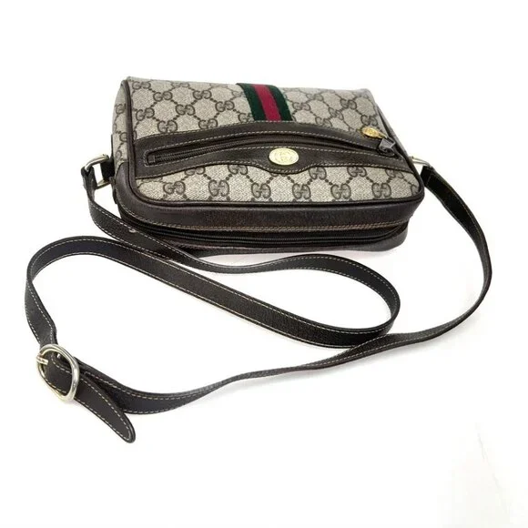 GUCCI Logo Sherry GG Pattern Shoulder Bag PVC Leather Brown Gold Italy 38FA142